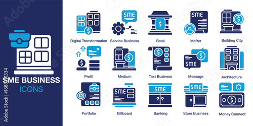 SME Business icon set. Containing store, entrepreneur, sme, owner, small, and more. Solid vector icons collection. Vector illustration.