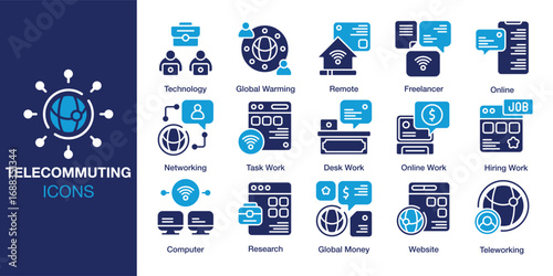 Telecommuting icon set. Containing telecommuting, laptop, computer, technology, online, and more. Solid vector icons collection. Vector illustration.
