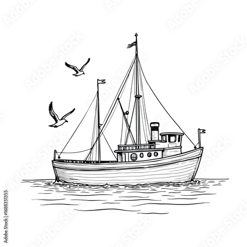 Black and white sketch of a fishing boat with two seagulls
