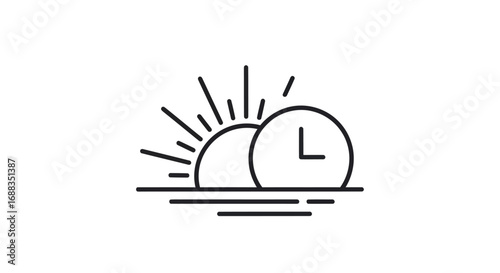 Sunrise Time - Minimalist Line Art Depicting Dawn with Clock.