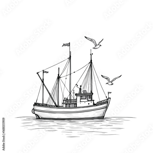 Black and white sketch of a fishing trawler with seagulls