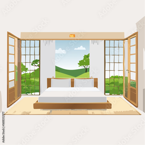 Japanese Minimalist Bedroom with Tatami Mat and Sliding Doors – Interior AI-Generated Vector Illustration
