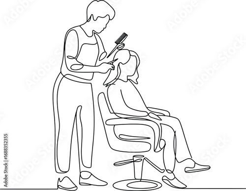 Hairdresser styling client's hair in a salon chair one line drawing