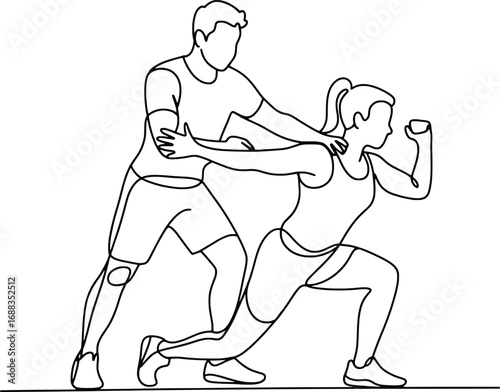Personal trainer guiding woman through strength training lunges exercise in gym