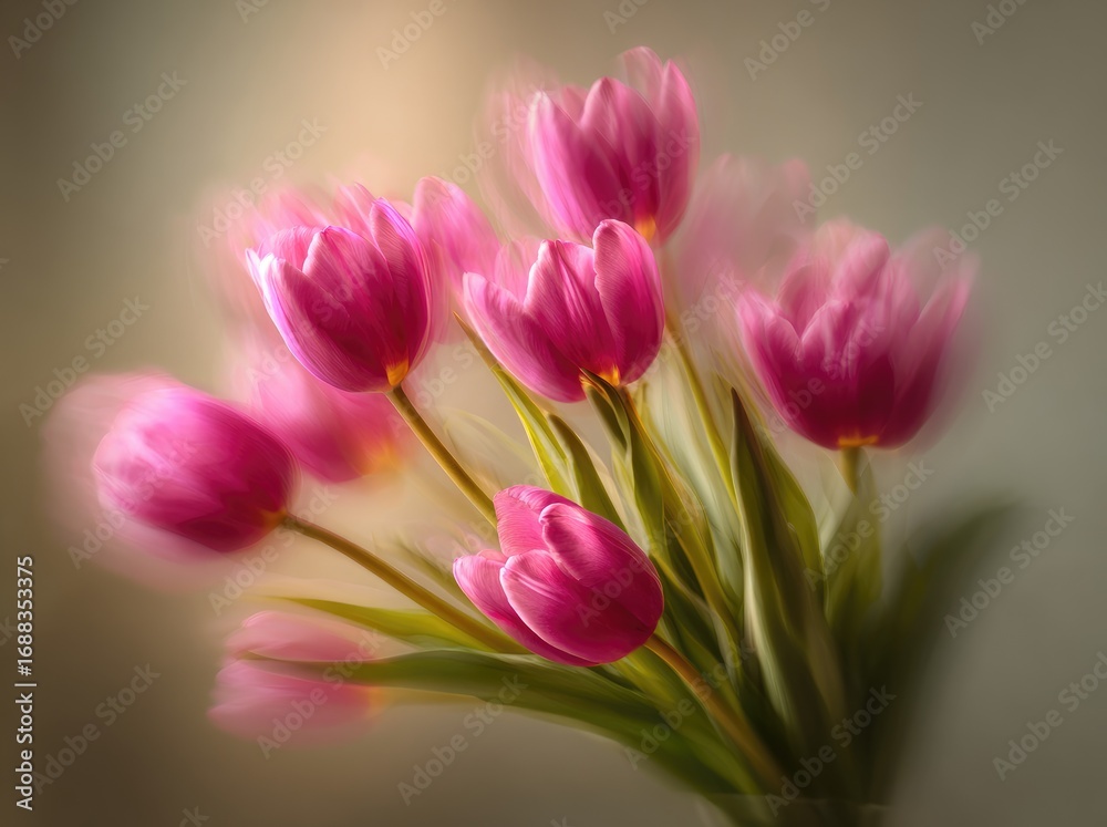 Naklejka premium A blurred, soft focus image of pink tulips with green stems against a neutral-toned background, creating an ethereal and romantic floral still life