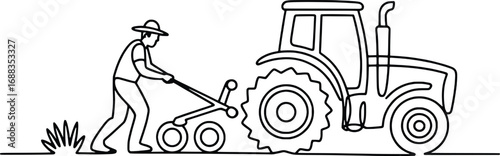 Farmer operating tractor tilling soil agricultural field simple line drawing style