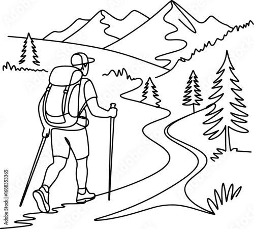 Hiker with backpack and trekking poles ascends mountain trail surrounded by pine trees
