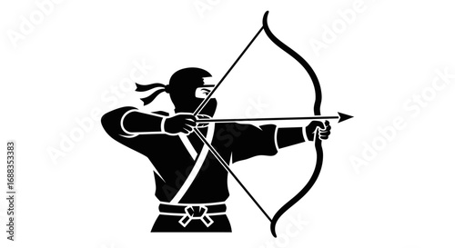 Black Silhouette of an Archer in Martial Arts Uniform Aiming Bow and Arrow.