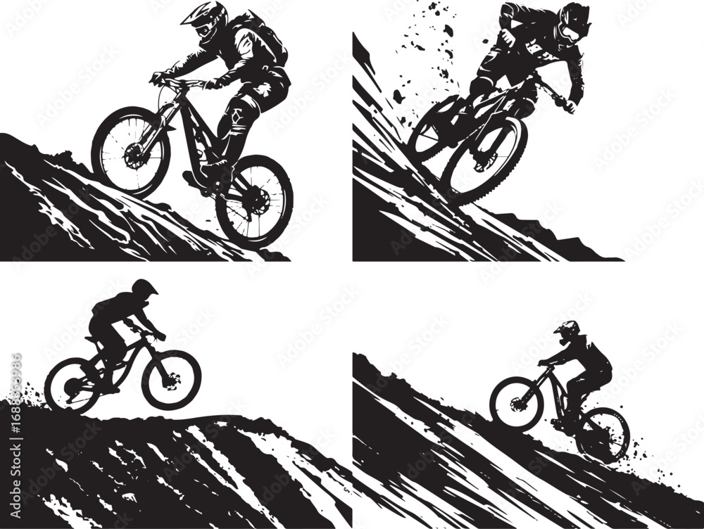 Obraz premium Mountain Bike Rider Action Silhouette Vector Set