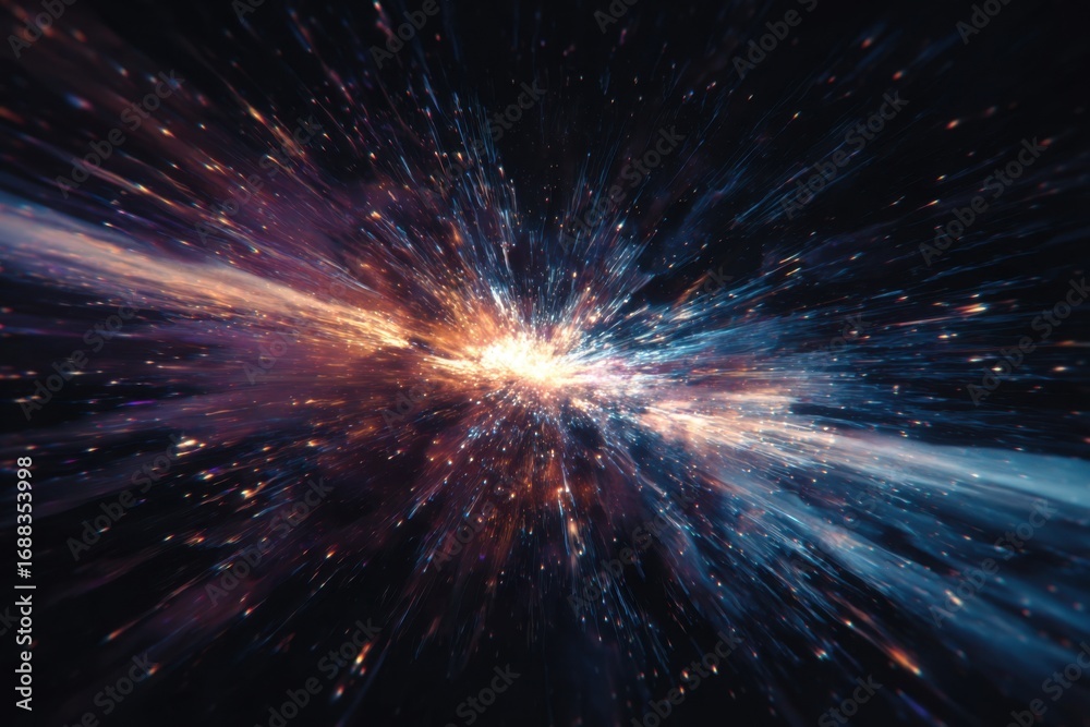 Fototapeta premium Abstract cosmic explosion, radiating light streaks across deep space