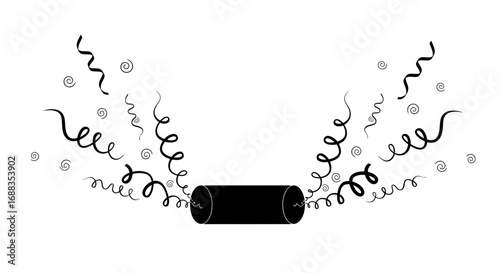 Black cylinder releasing swirling confetti and spirals