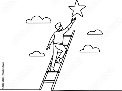 Person reaching for star ascending ladder towards success and goals sky clouds