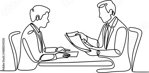 Modern minimalist line art depicting two businessmen in meeting discussing documents