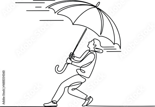 Person battling strong winds holding umbrella outdoors simple line drawing style