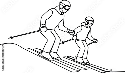 Father and son skiing downhill together learning winter sport outdoor activity