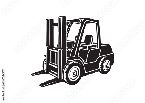Black silhouette of a modern forklift truck vector illustration, industrial vehicle icon design for warehouse and logistics.