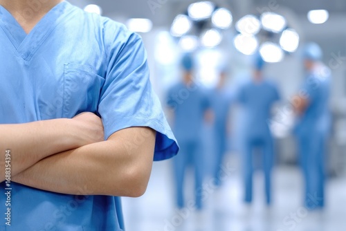 Healthcare professional in blue scrubs with folded arms, standing in an operating room setting with blurry surgical team members in the background