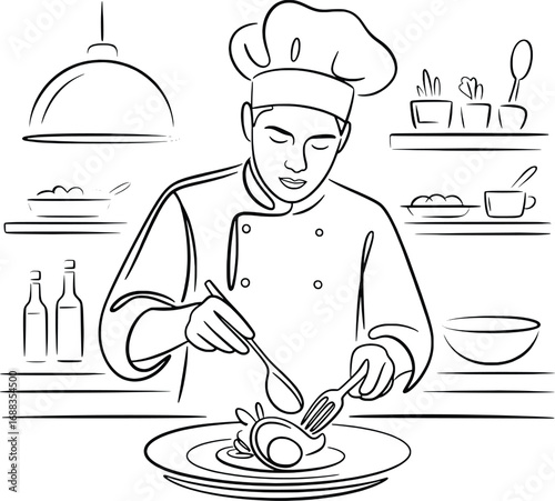 Chef artfully preparing food in kitchen scene drawing style cooking