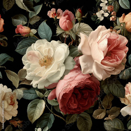 Wallpaper Mural Vintage floral, Roses. isolated on black. Torontodigital.ca