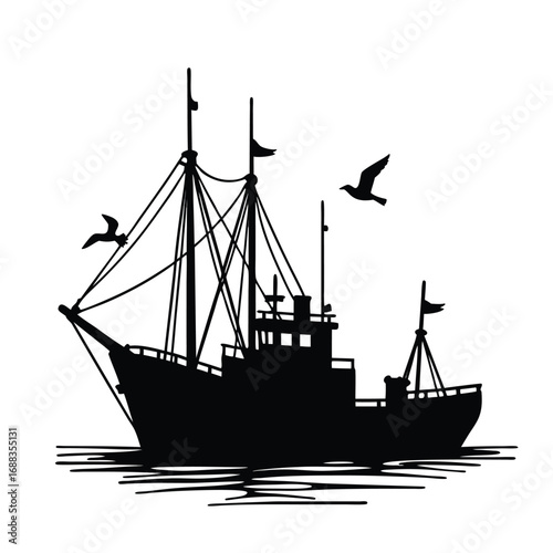 Black silhouette of a fishing trawler with seagulls