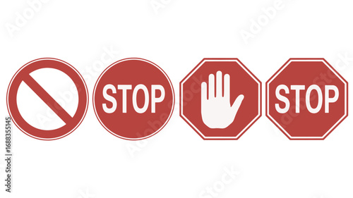 Stop Sign Collection Prohibitory Symbols, Red Stop Signs, Hand Stop Signal, No Entry Sign, Safety Graphics