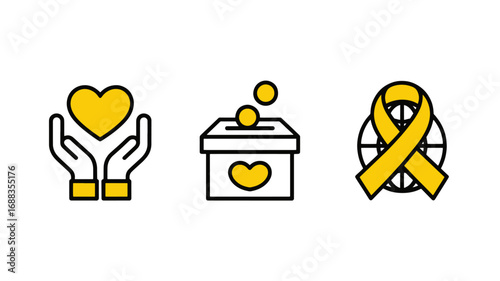 Donation, Charity, Volunteer, Global Support, Helping Hands, Heart Icon, Giving, Contribute, Support, Donation Box, World, Golden Ribbon, Hope, Kindness, Compassion, Aid, Assistanc