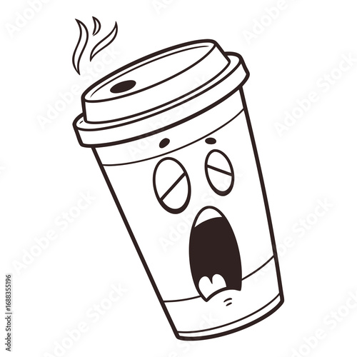 A cartoon illustration of a hot coffee cup with a surprised or shocked expression featuring steam rising from the lid on a white background