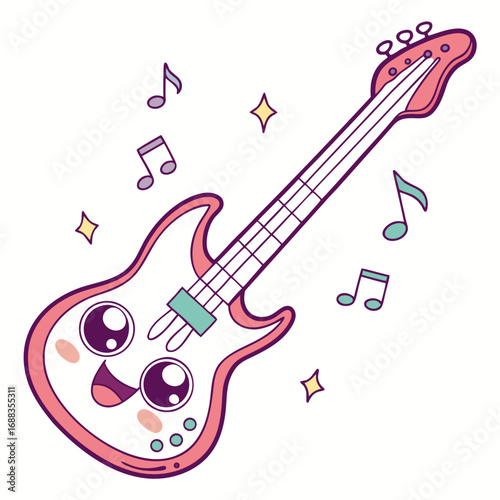 A cheerful and cute cartoon bass guitar with a happy face and musical notes floating around it representing joy and music