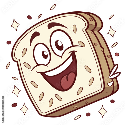 A cheerful and excited slice of whole grain bread with a happy face and sparkling effects perfect for food related designs