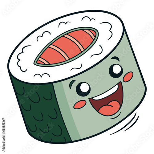 A cheerful and happy cartoon sushi roll with a smiling face and rosy cheeks depicted in a fun and playful style isolated on a white background