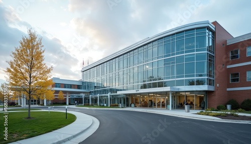 Wallpaper Mural Modern hospital exterior with advanced medical facilities, glass facade. Red brick sections contrast with expansive windows, set against clear sky. Green lawn, autumn trees surround building, Torontodigital.ca
