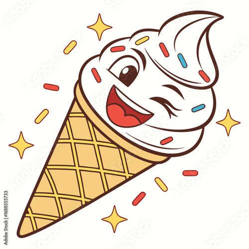 A cheerful cartoon ice cream cone with a happy face winking and surrounded by colorful sprinkles and sparkling stars on a white background
