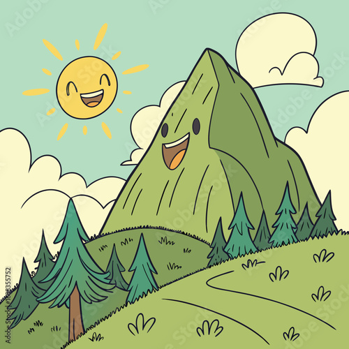 A cheerful cartoon mountain with a smiling face stands tall under a bright happy sun with rays and fluffy clouds in a vibrant green landscape with pine trees and a winding path