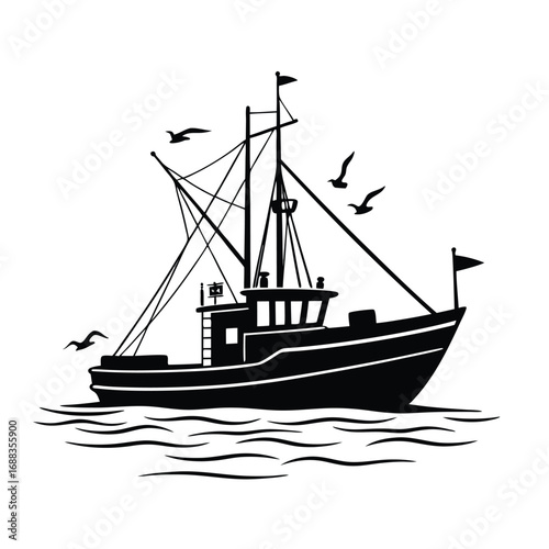 Black silhouette of a fishing trawler with seagulls
