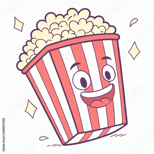 A cheerful cartoon popcorn bucket with a happy face and sparkling stars is ready for a movie night celebration