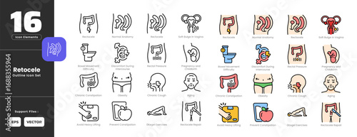 Retocele Symptoms Icon Set Collection - Outline Line Art Style. Containing bulge vagina, bowel movement, discomfort, intercourse, rectal pressure, aging, cough, kegel exercise, pregnancy, childbirth.