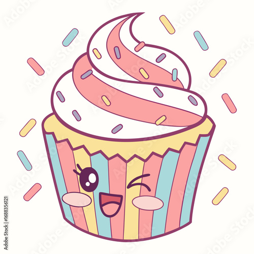 A cheerful kawaii cupcake with swirled pink and white frosting and colorful sprinkles winking with a happy expression and rosy cheeks set against a plain background
