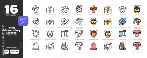 Pelvic Inflammatory Disease Symptoms Icon Set Collection - Outline Line Art Style. Inflamed uterus, lower, abdominal, pain, pelvic pain, headache, fever, bleeding, vaginal, discharge, swab test.