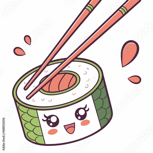 A cute and happy sushi roll character with big eyes and a smile being held by chopsticks with splashing water droplets around it
