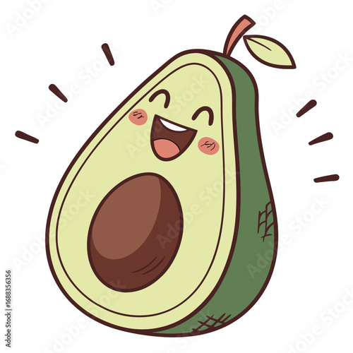 A cute cartoon avocado character with a happy smiling face and rosy cheeks expressing joy and excitement with its mouth wide open and eyes closed