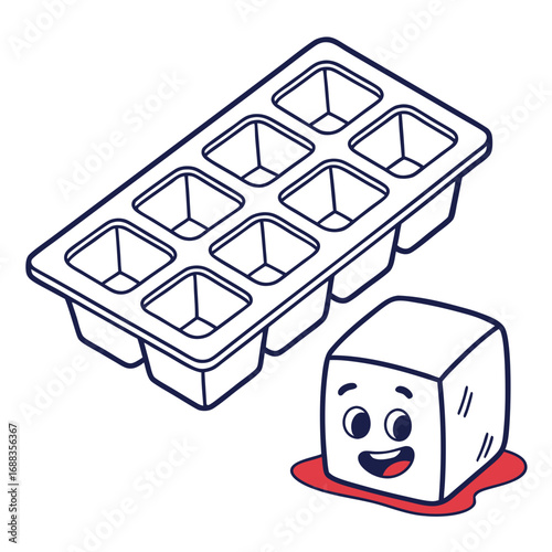 A cute cartoon ice cube with a happy face melts into a puddle next to an empty ice cube tray on a white background