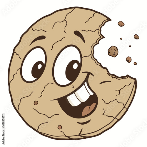 A happy cartoon cookie character with a bite taken out of it and crumbs flying conveying joy and deliciousness