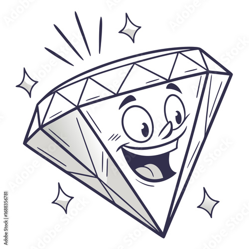 A happy cartoon diamond character with a wide smile and sparkling eyes representing joy and brilliance in a fun illustration