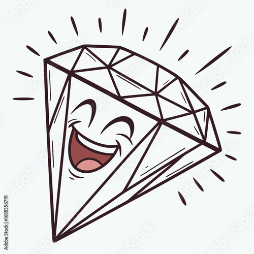 A happy cartoon diamond with a wide smile and sparkling lines radiating outwards on a white background