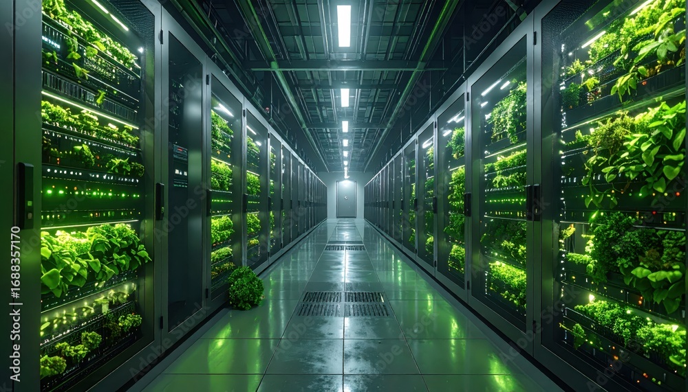 Fototapeta premium A server room is filled with vertical hydroponic gardens, illuminated by bright lights.