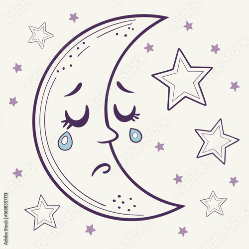 A sad crescent moon with closed eyes and tears crying surrounded by purple stars and outline stars on a cream background
