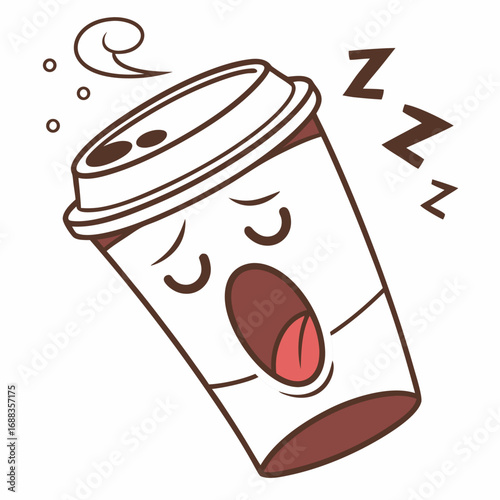 A tired cartoon coffee cup character with its eyes closed and mouth wide open yawning with zzz symbols indicating sleep and steam rising from the top