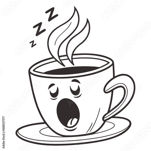 A tired cartoon coffee cup character yawning and sleeping with steam and zzz symbols indicating exhaustion