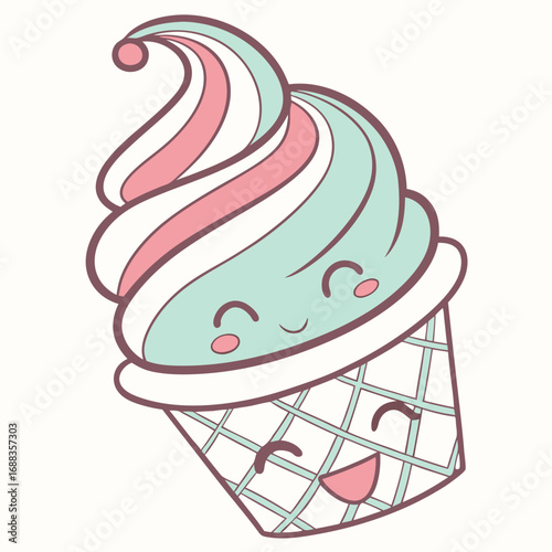Adorable kawaii ice cream cone character with swirls of pink mint and white flavors and a happy smiling face in a waffle cone