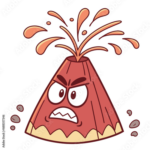 An angry cartoon volcano erupting with lava and rocks showing a furious facial expression and intense emotion